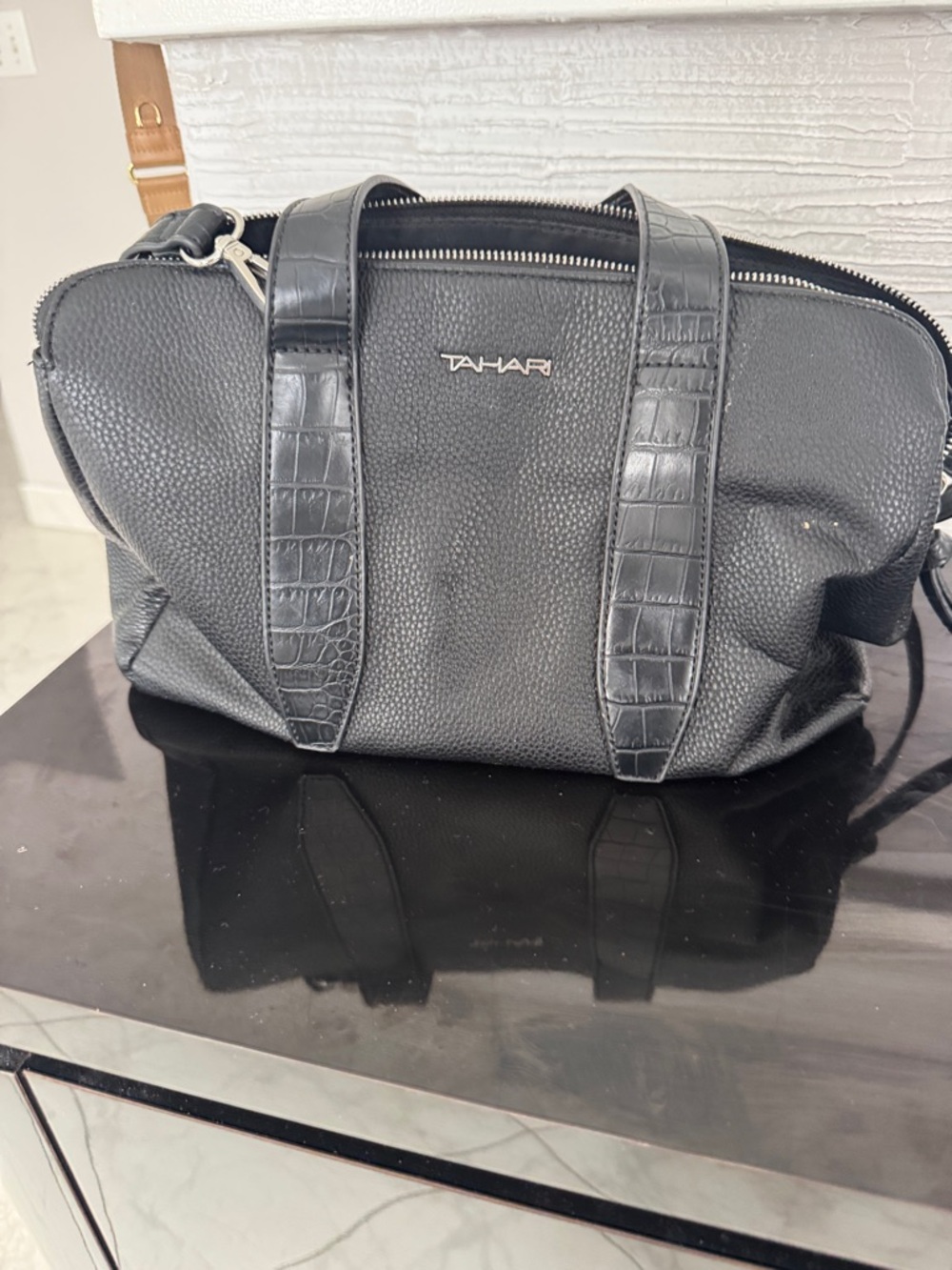 Tahari Black Pebbled Leather Duffel with Croc-Texture Straps